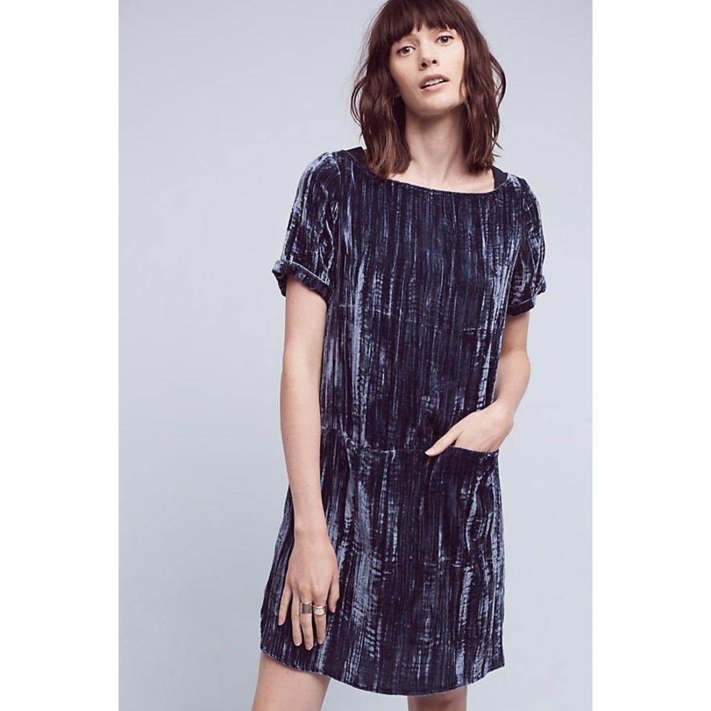 Anthropologie Floreat Navy Blue Crushed Velvet Shift Dress Short Sleeve XS